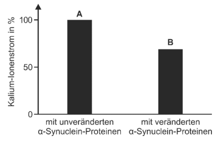 Balkendiagramm: Kalium-Ionenstrom (%) bei unveränderten α‑Synuclein-Proteinen (hoch, A) und veränderten (niedriger, B)